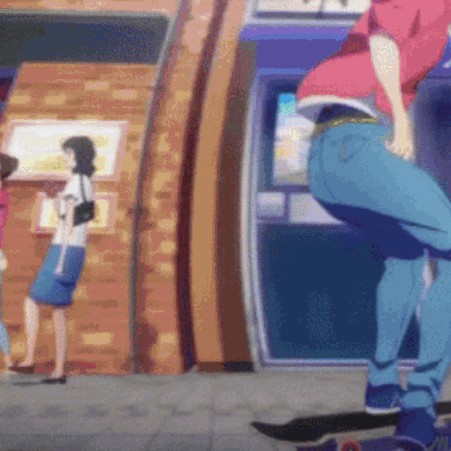 a man riding a skateboard in front of a woman