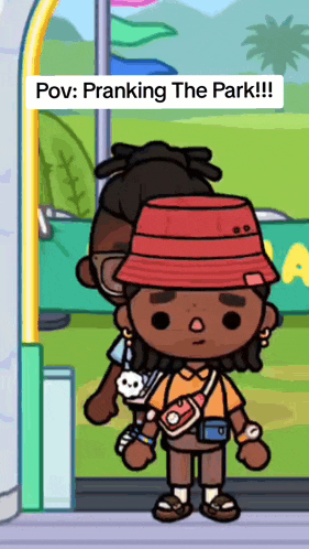 a cartoon character in a red hat is standing next to another character with the caption " pov : pranking the park !!! "