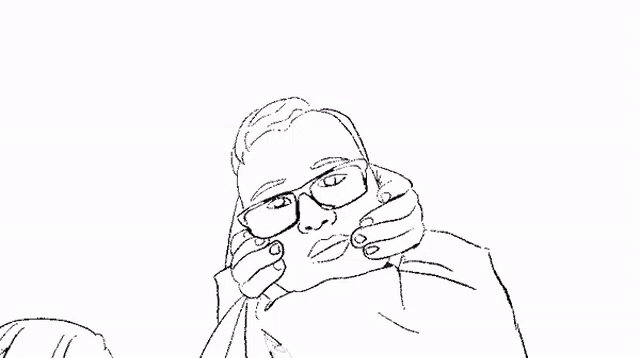 a black and white drawing of a man wearing glasses with his hands on his face
