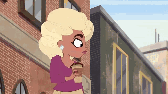 a cartoon of a woman holding a cup of coffee in front of a brick building