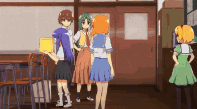 a group of anime characters standing in a room