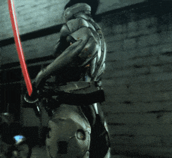 a robot with a red sword in his hand