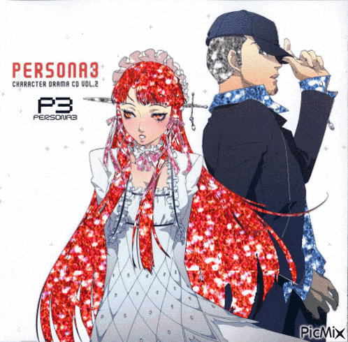 a man and a woman are standing next to each other on a cd cover for persona 3