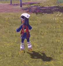 a cartoon character is standing in a field wearing a helmet and scarf .