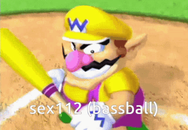 a cartoon of wario holding a baseball bat with the words sex112 ( baseball ) written below him
