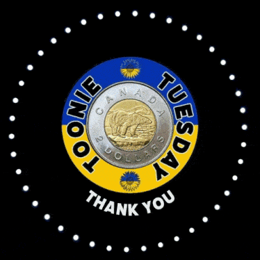 a logo for toonie tuesday with a 2 dollar coin