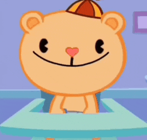 a cartoon bear wearing a hat is sitting in a high chair