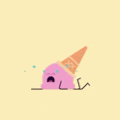 a pink ice cream cone with a sad face is laying on its side .