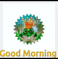 a frog with a crown on his head is surrounded by lotus flowers and the words good morning