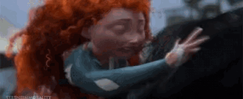 a cartoon character with red hair is hugging a black horse