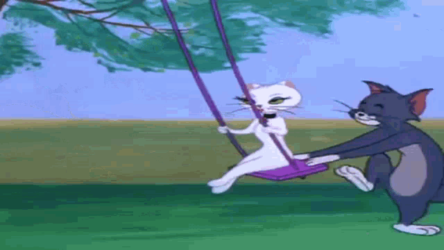 tom and jerry are playing on a swing together .
