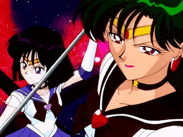 a couple of anime characters standing next to each other holding a sword