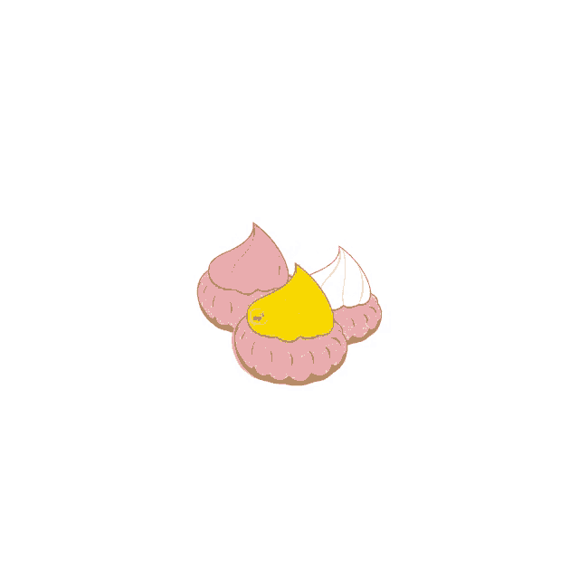 three cookies with pink white and yellow frosting on top