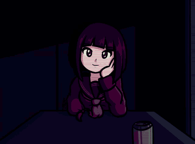 a cartoon of a girl in a dark room with a purple shirt