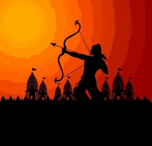 a silhouette of a man with a bow and arrow in front of temples