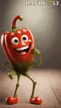 a cartoon pepper is standing on a wooden table and has the name handy 53 on the bottom