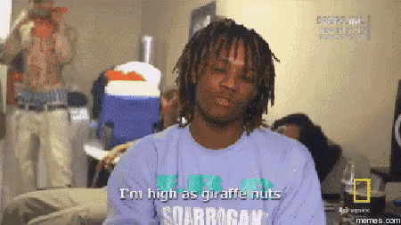 a man with dreadlocks wearing a blue shirt that says i 'm high as giraffe nuts