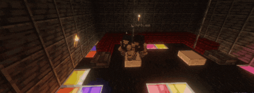 a screenshot of a minecraft game shows a room with a couch and a few lights