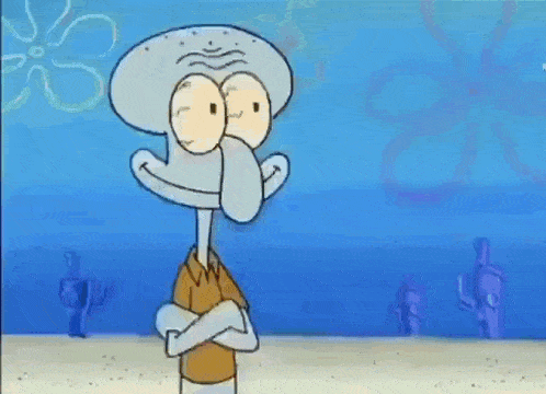 squidward from spongebob squarepants is breaking a glass window with his fist