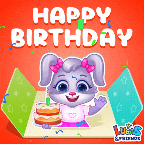 a birthday card with a bunny holding a cake and the words happy birthday