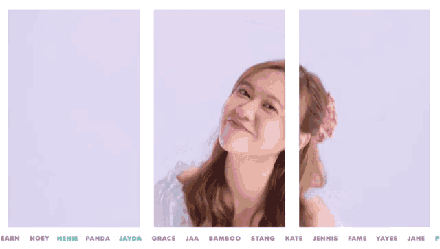 a picture of a girl with the names noey nenie panda jayda grace jaa bamboo and stano