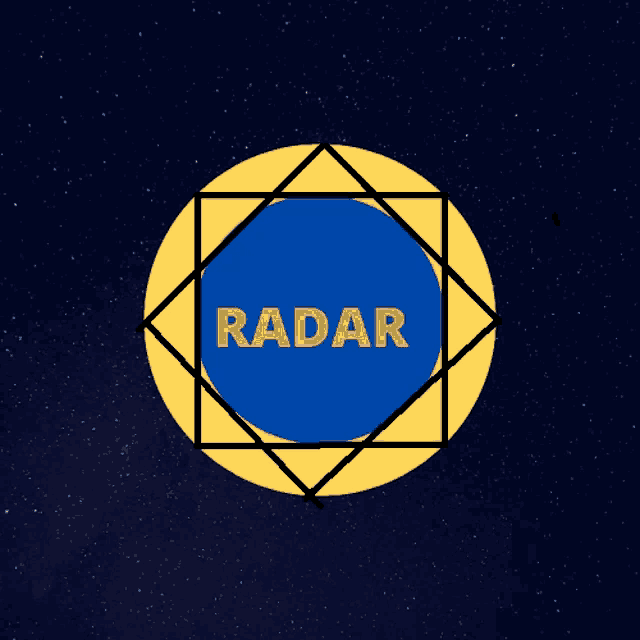 a blue circle with radar written on it in orange