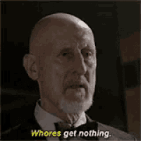 a bald man with a beard and bow tie is saying whores get nothing
