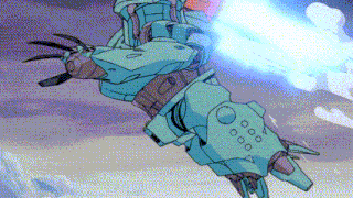 a cartoon drawing of a robot with a blue light coming out of it