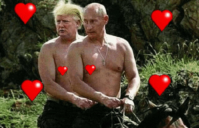 two men without shirts are standing next to each other with red hearts around them