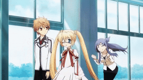 a group of anime characters are standing next to each other in front of a window