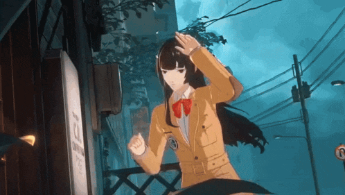 a girl in a school uniform stands in front of a sign that says ' tokyo '