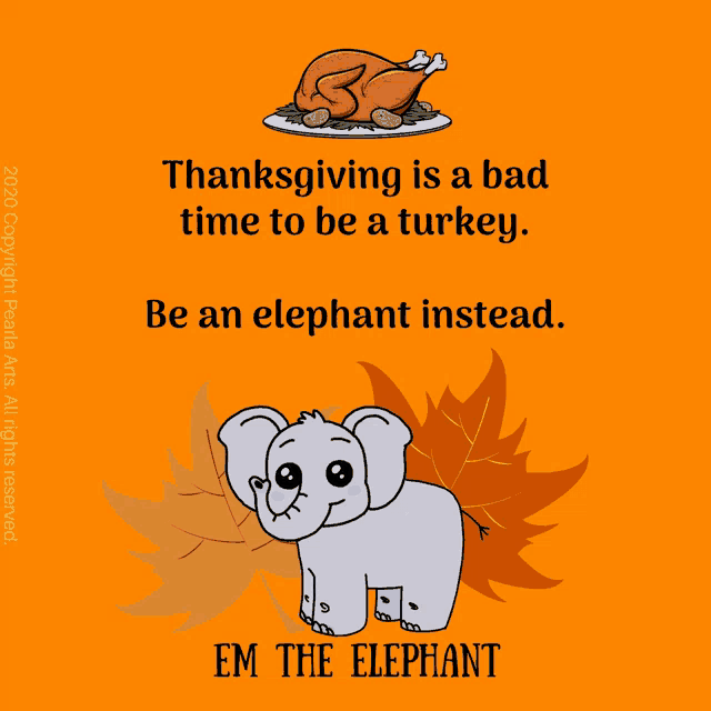 an orange background with a turkey on a plate and an elephant with leaves