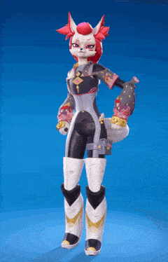 a cartoon character with red hair and white pants is standing on a blue background