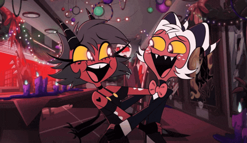 two cartoon characters are posing for a picture together