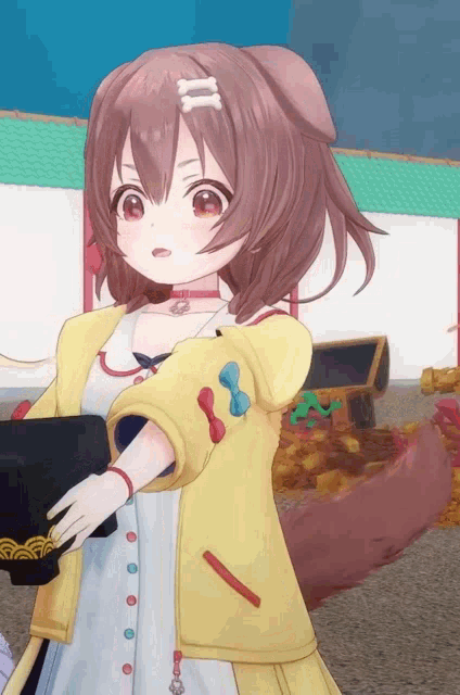 a girl with brown hair and a yellow jacket has a bone in her hair