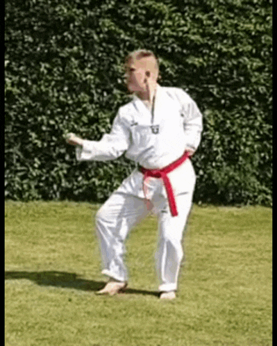 a young boy in a white karate uniform with a red belt is doing a karate move .