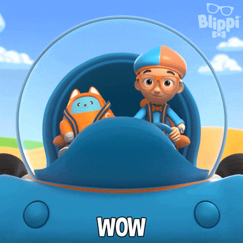 a cartoon character driving a car with the word wow written on the bottom