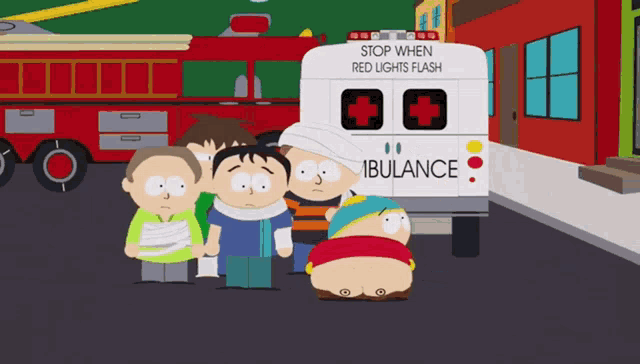 a group of cartoon characters are standing in front of an ambulance that says stop when red lights flash