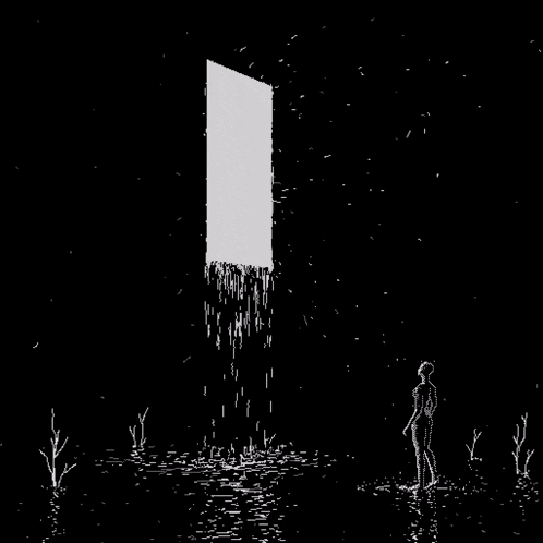 a black and white drawing of a person standing in front of a door that is open .