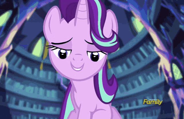 a cartoon of a purple pony with the words discovery family on the bottom