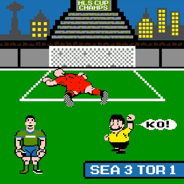 a pixel art of a soccer game with a sign that says mls cup champs