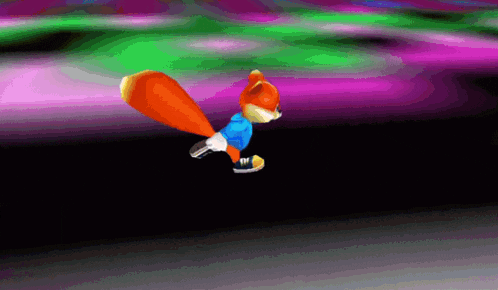 a cartoon squirrel in a blue shirt is running on a dark background