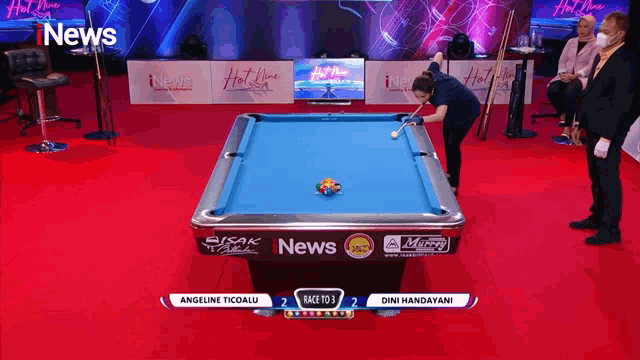 a pool table with a news logo on the side