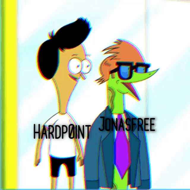 two cartoon characters standing next to each other with hardpoint jonasfree written on the bottom right