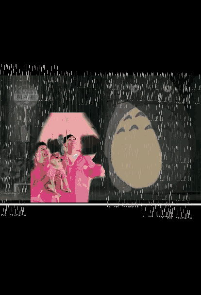 a group of people holding umbrellas in the rain with a totoro behind them