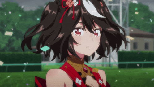 a girl with a flower in her hair stands in a field