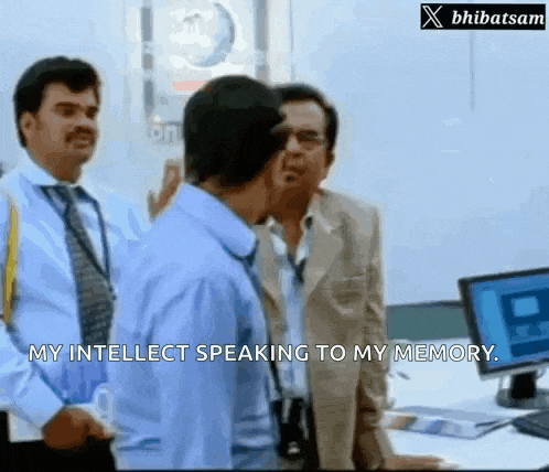 a group of men are standing in a room and one of them is saying my intellect speaking to my memory