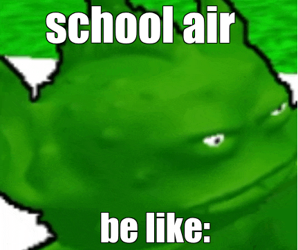 a picture of a green frog with the words school air be like