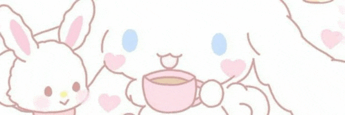 cinnamoroll is holding a cup of tea next to a bunny .