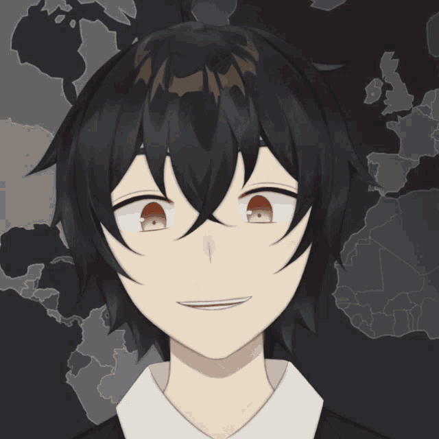 a close up of a person 's face in front of a map of the world